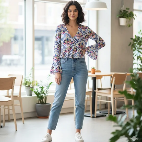 Zara Cream Floral Wrap Blouse with Pink, Blue & Green Motif - Picture 3 of 6